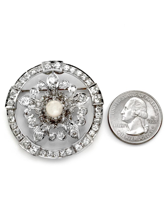 Diamond and Pearl Brooch Pendant in Platinum